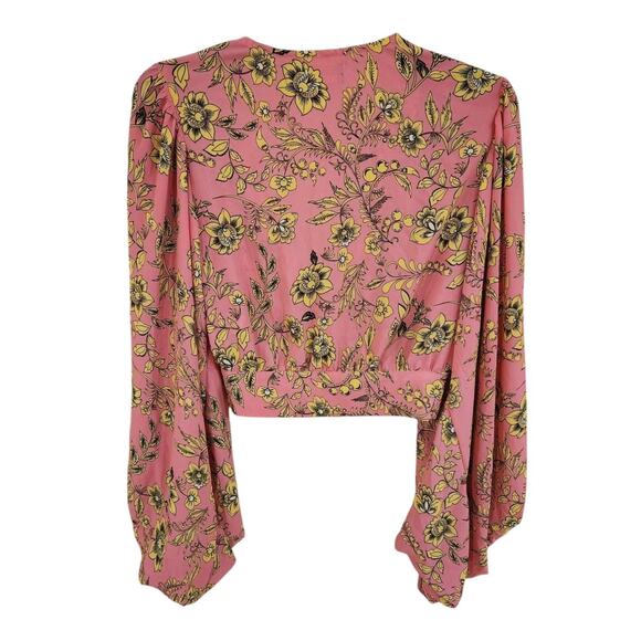 Signature8 Crop Top Blouse Balloon Sleeves Plunge Neck Pink Floral Button Small - Picture 5 of 12